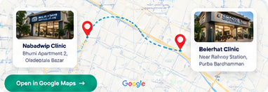 Location map artwork showing Nabadwip and Belerhat clinic locations